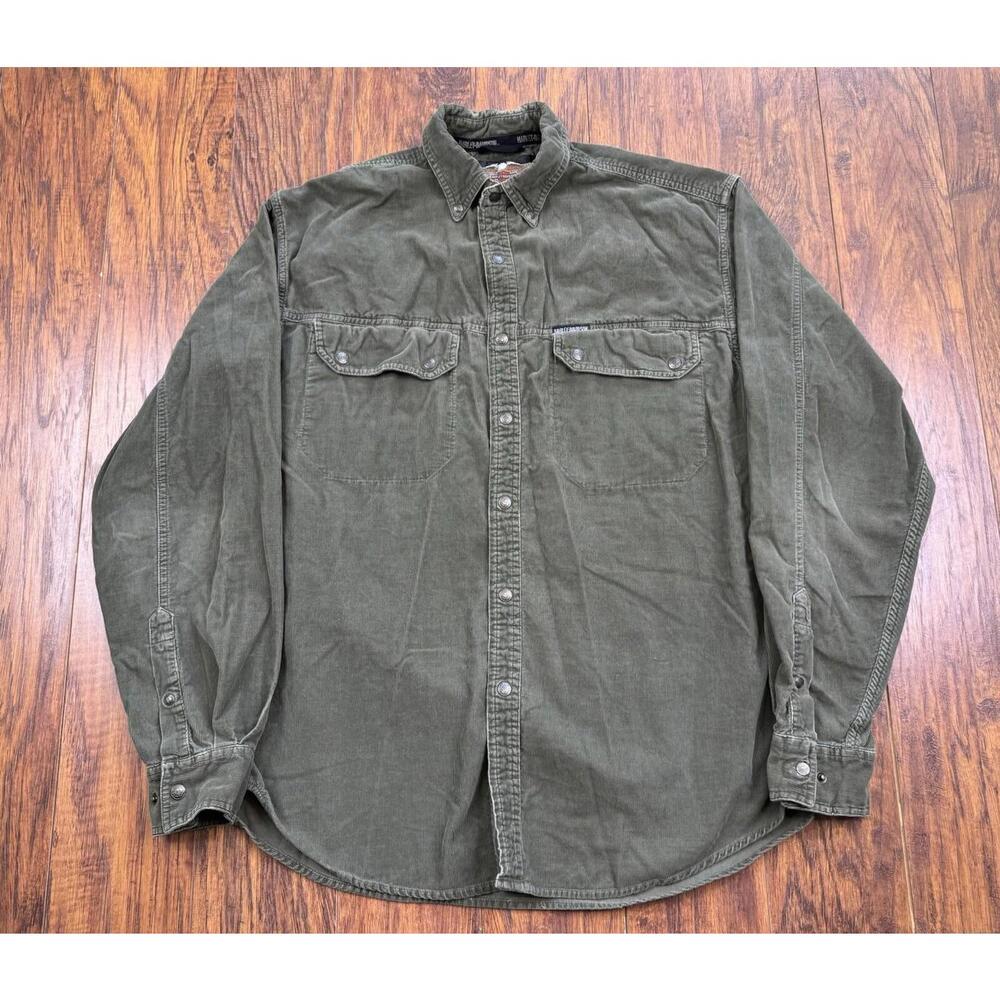 Harley Davidson Flannel Shirt Medium Green Snap Long Sleeve Corduroy Biker I6